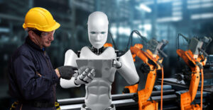 2G4D5DX Mechanized industry robot and human worker working together in future factory . Concept of artificial intelligence for industrial revolution and